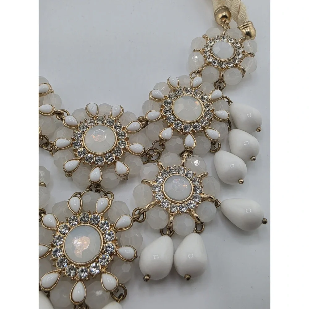 Banana Republic Necklace White Beaded Flower Bib Rope Rhinestone Statement